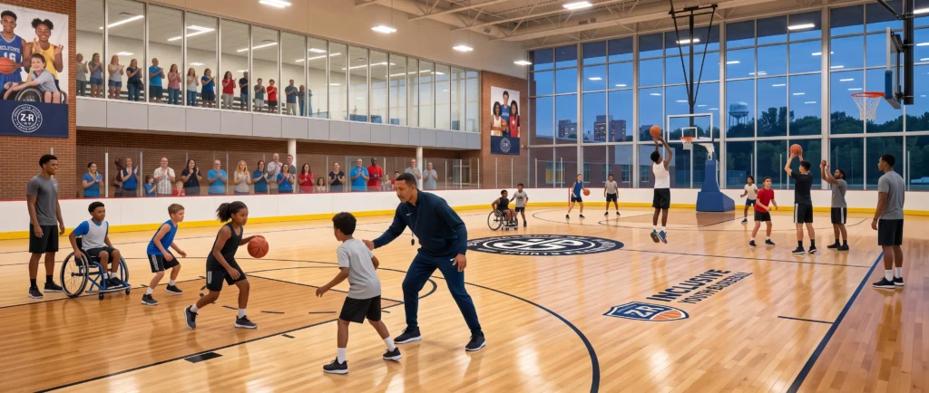 Basketball players practicing shooting and footwork with a trainer