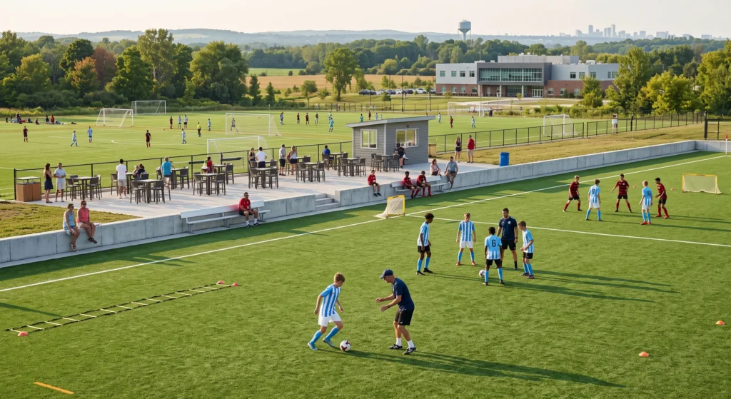 professional sports training scene showing young athletes participating in a skill development camp at a modern sports facility in Durham Region