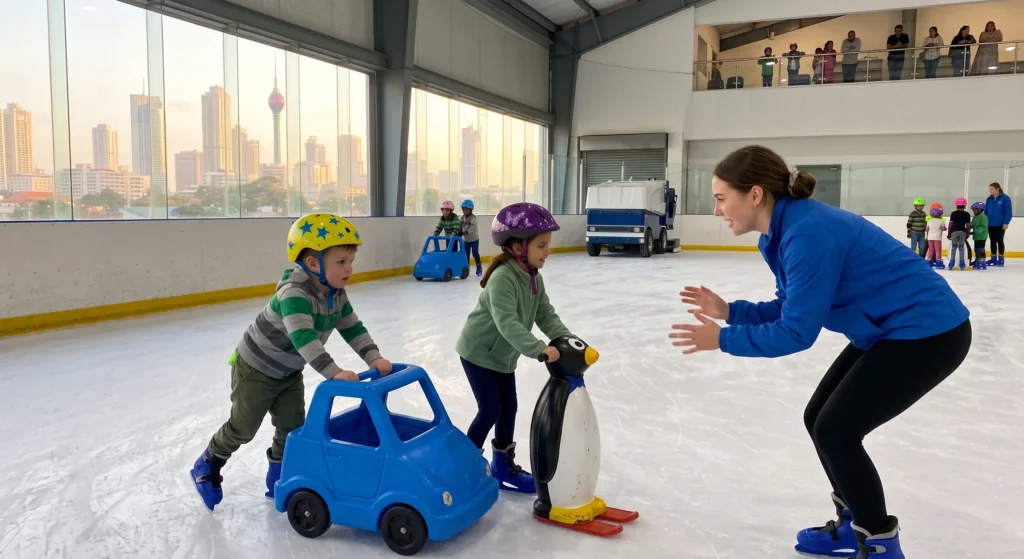 children wearing helmets learning to skate at an indoor rink