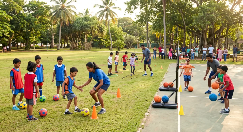Multi-sport summer camp with kids trying different activities