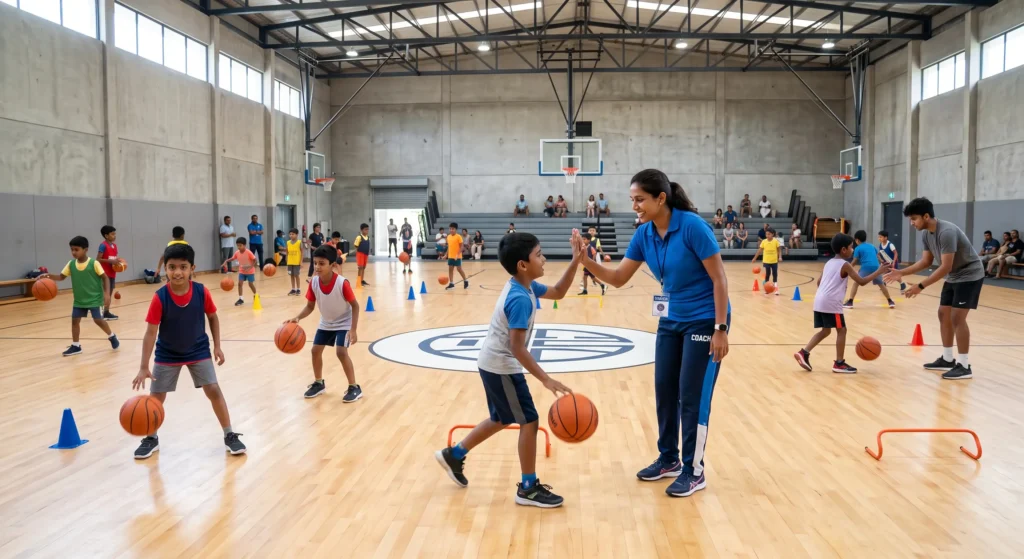 Kids in a beginner basketball camp practicing