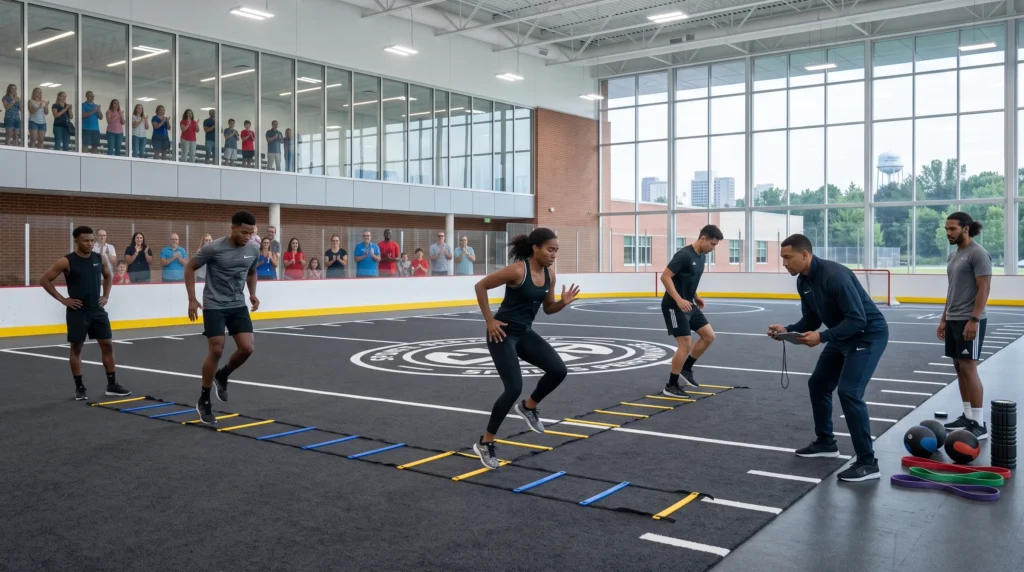 Diverse athletes doing agility ladder training in a gym, focused coaching session