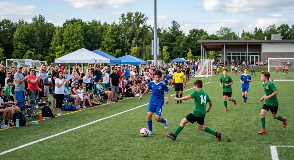 soccer tournament in Durham Region, Ontario, with players competing on a modern outdoor field