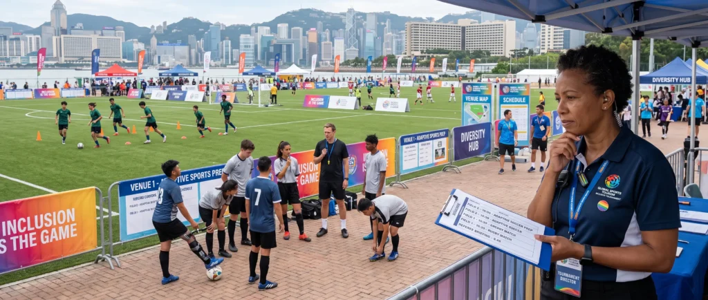 Tournament director reviewing clipboard schedule while sports teams prepare nearby, organized, professional, inclusive sports tourism image, wide banner format.