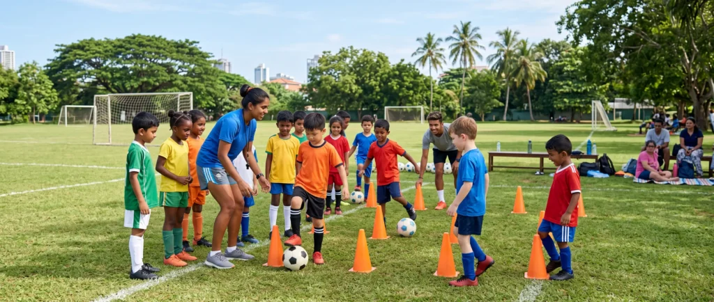 Diverse group of children learning soccer basics with a friendly coach