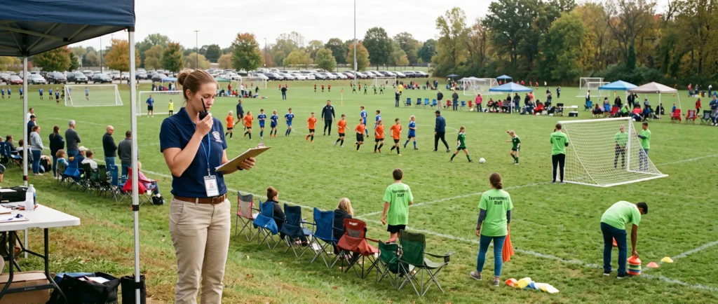 Sports event coordinator organizing a youth tournament at a busy outdoor field