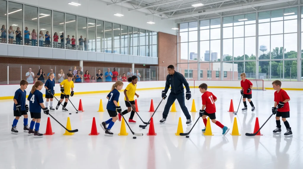 hockey players practicing stickhandling indoors with a coach